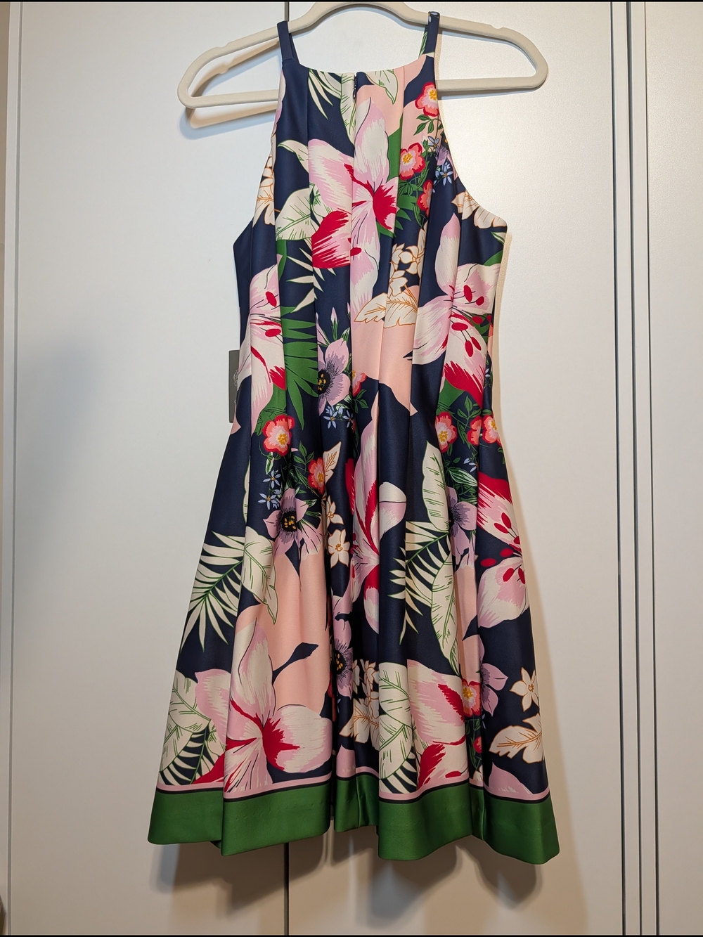 Vince Camuto Navy Floral Halter Midi Dress with Green Trim - Picture 3 of 9